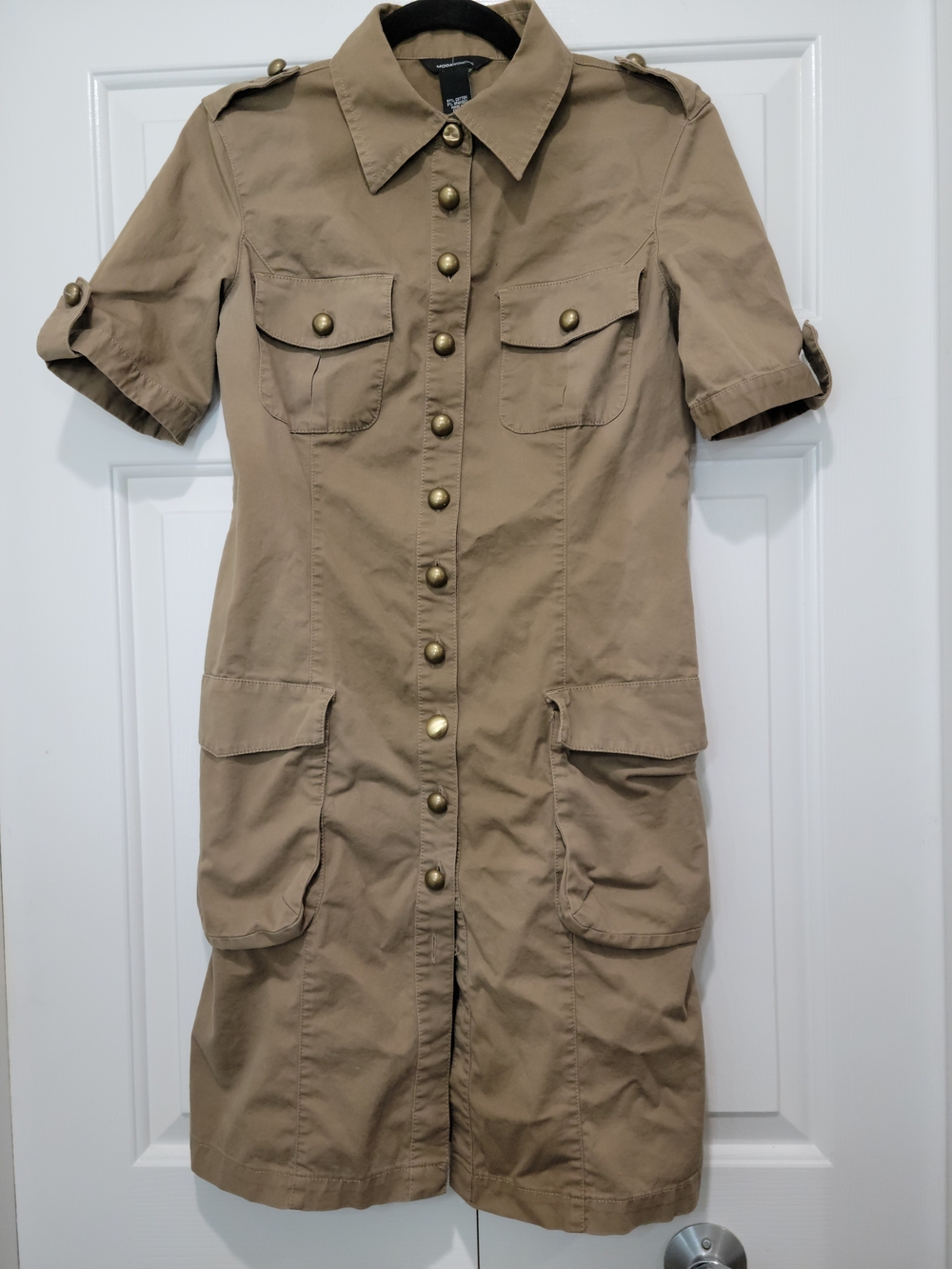 Moda International Tan Utility/Military Shirt Dress W/ Cargo Pockets